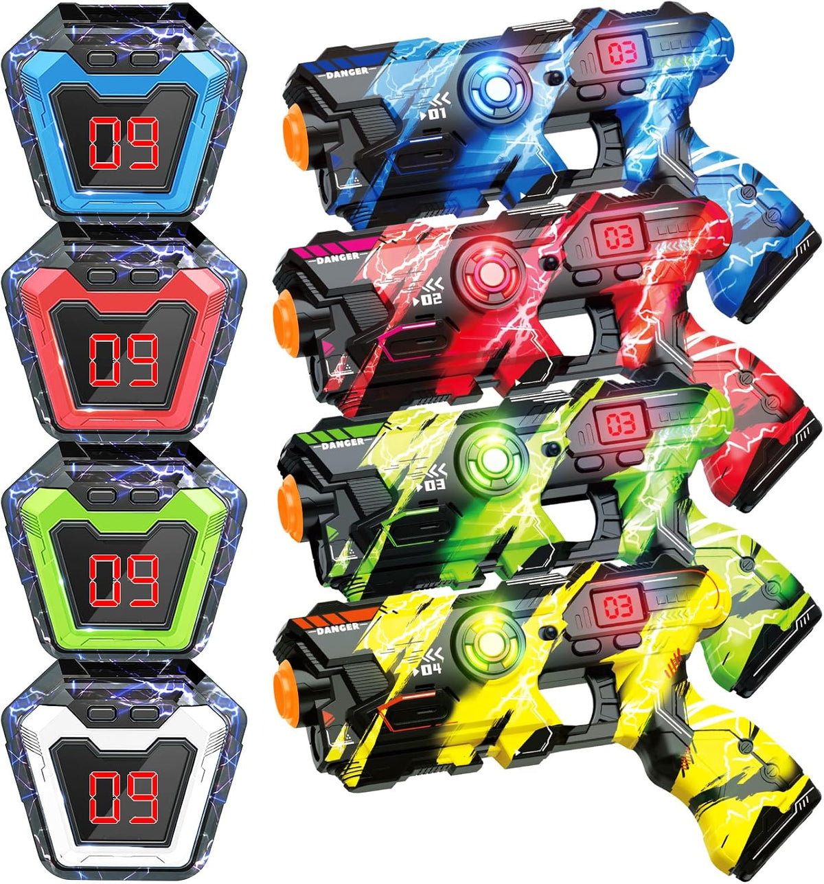 4 blasters and 4 scoring vests in blue, red, green and yellow
